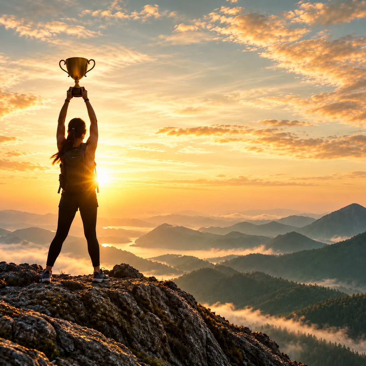 A woman celebrating on a mountain at sunrise