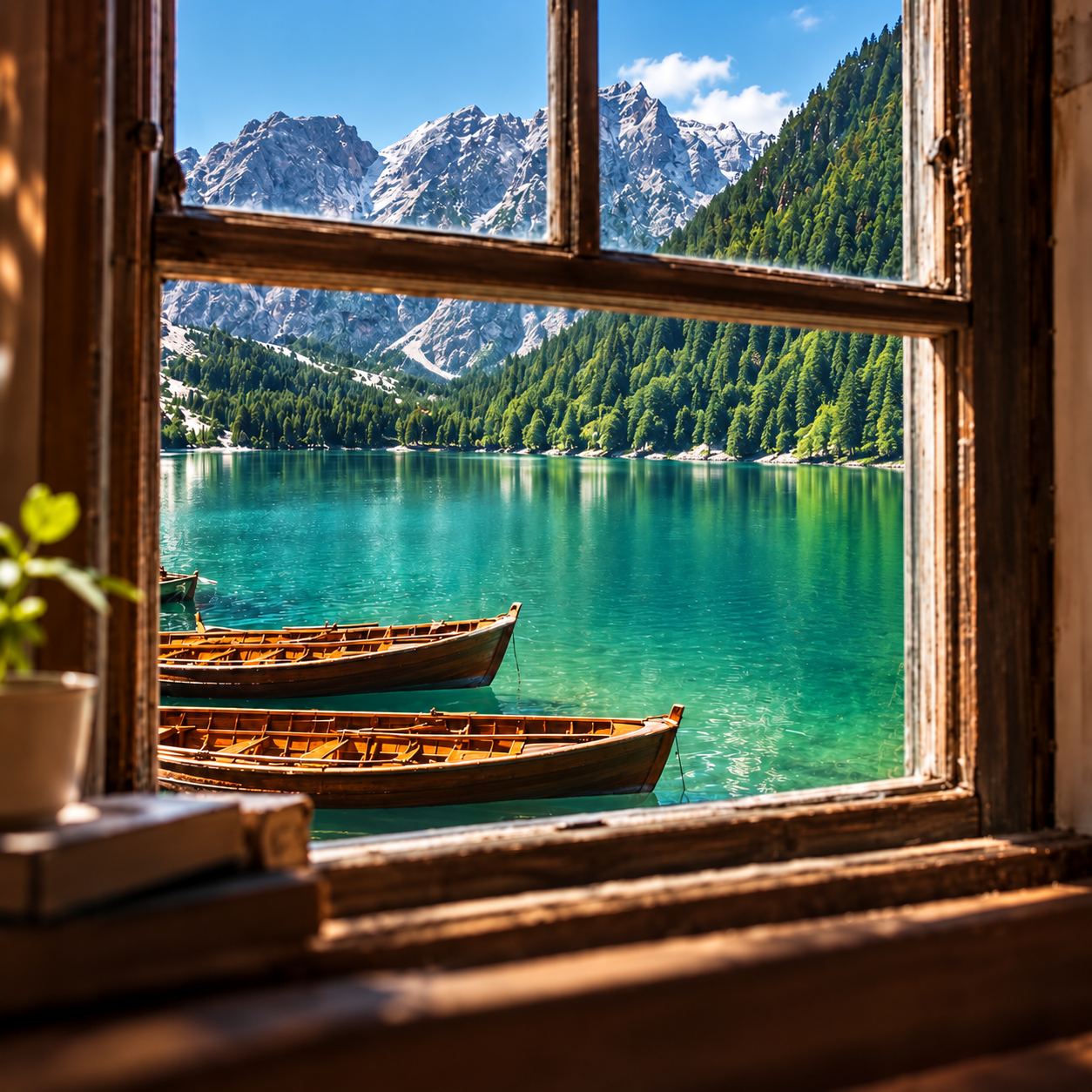 An open window overlooking a mountain lake