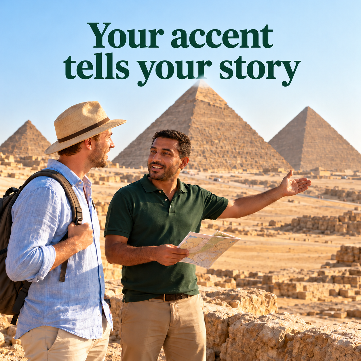 A foreign tourist in a sun hat speaking with an Egyptian tour guide at the Pyramids of Giza