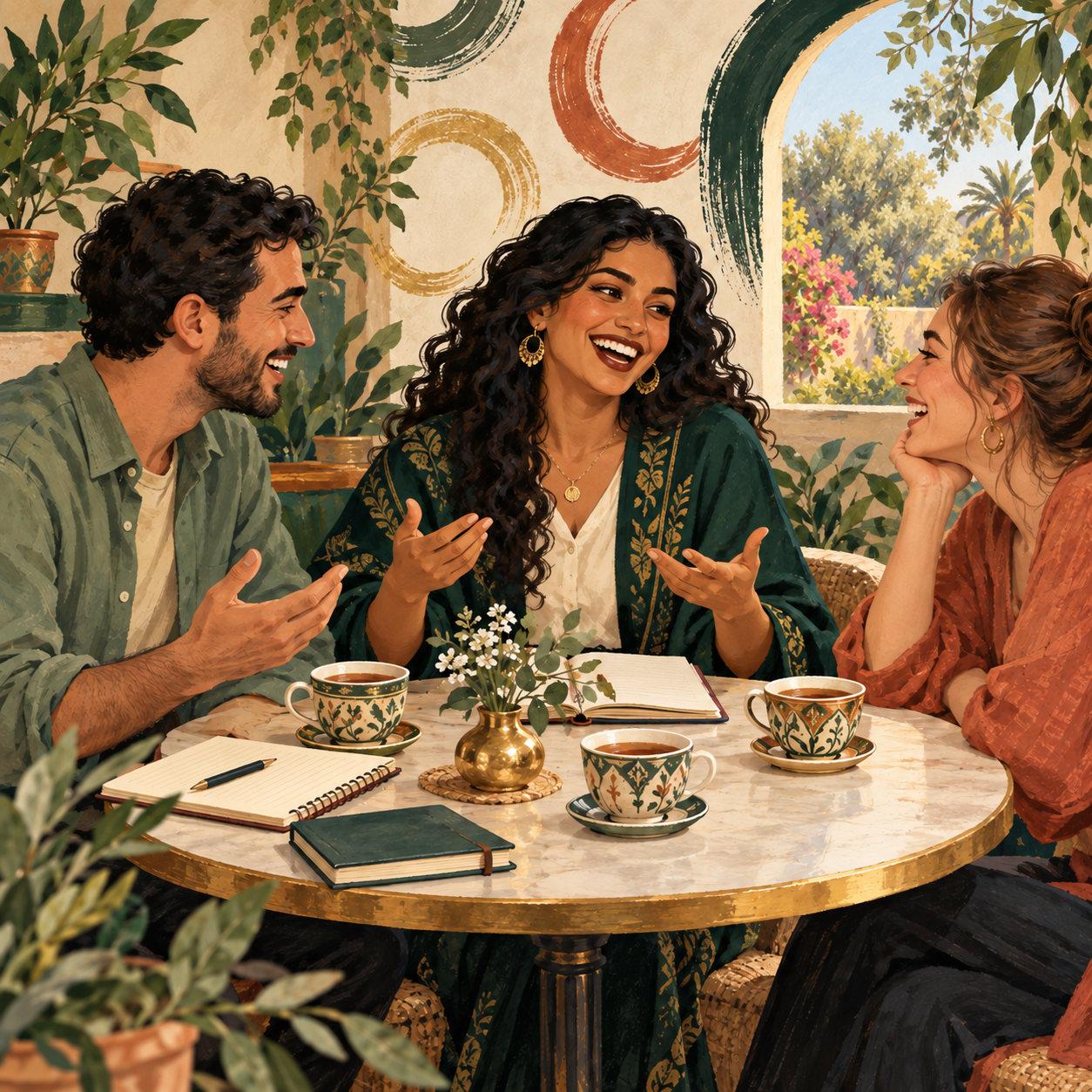 An English instructor and two adult learners enjoying conversation around a table