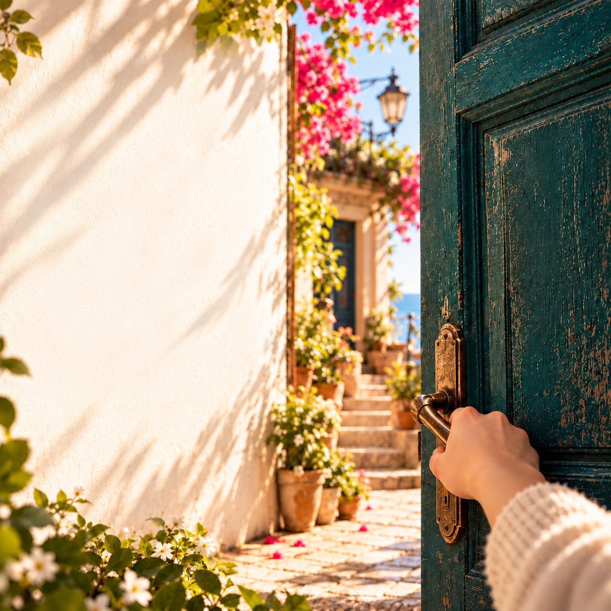 An open green door leading to a flower-lined street