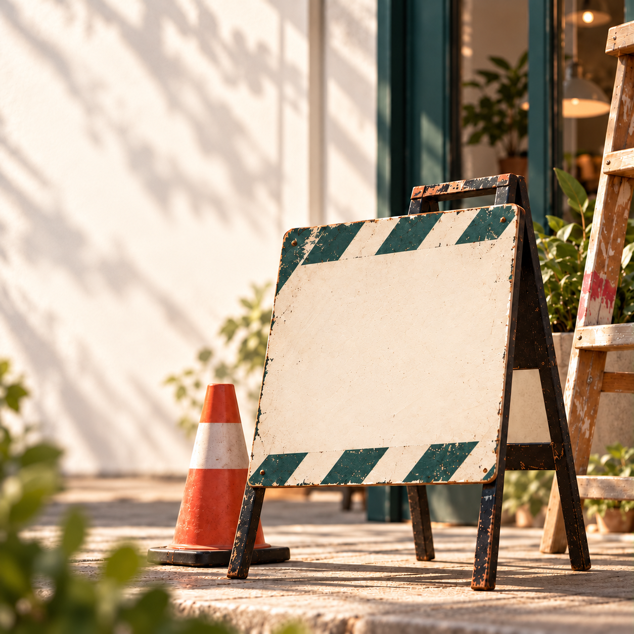 A work in progress sign in a sunny street