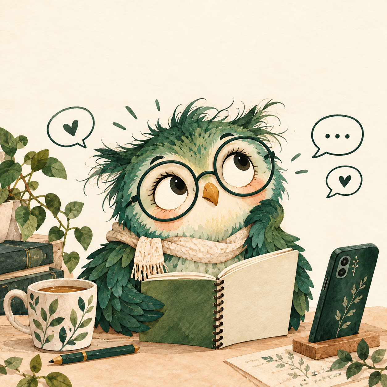 An original green cartoon bird reminding a learner to practise French