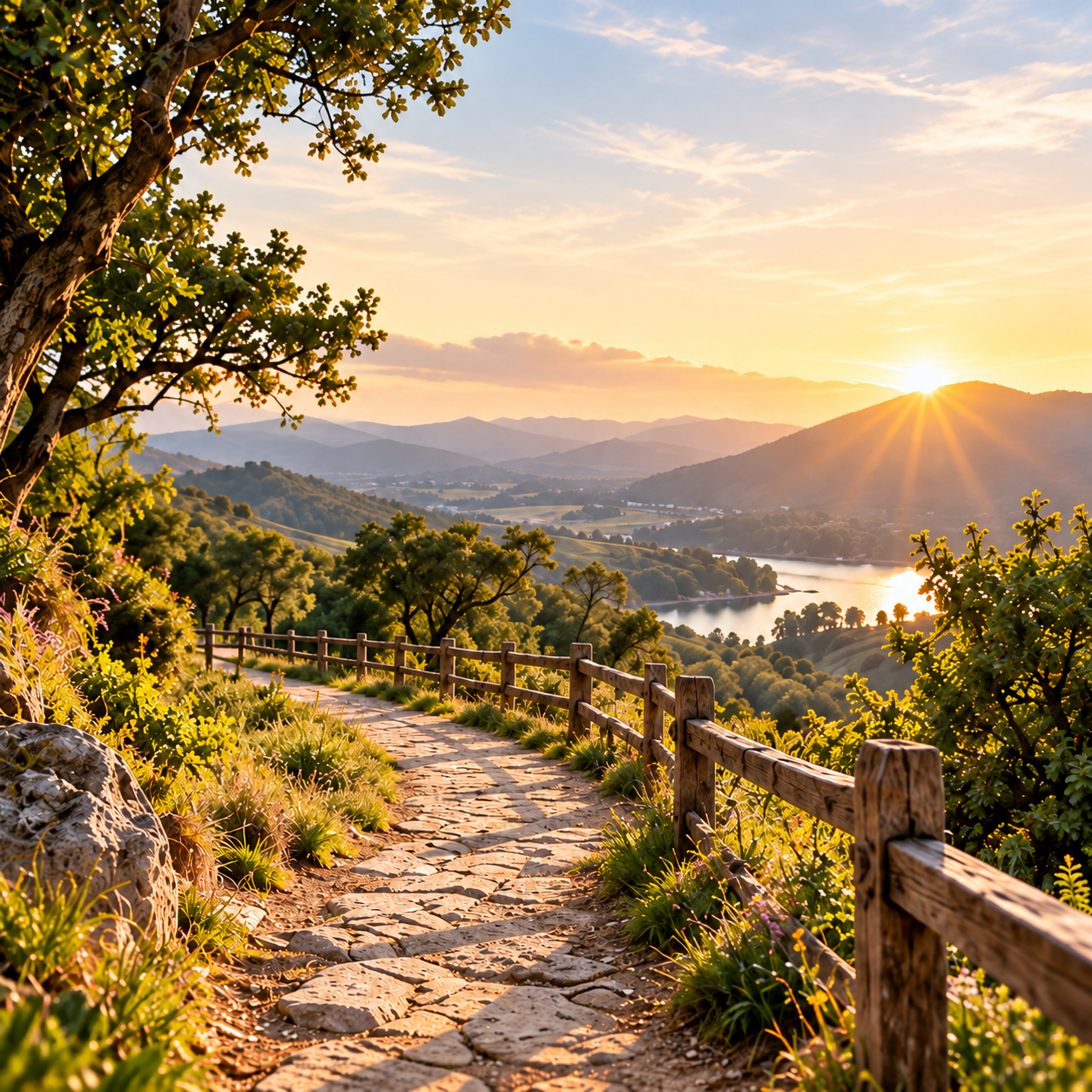 A winding countryside path leading towards sunrise