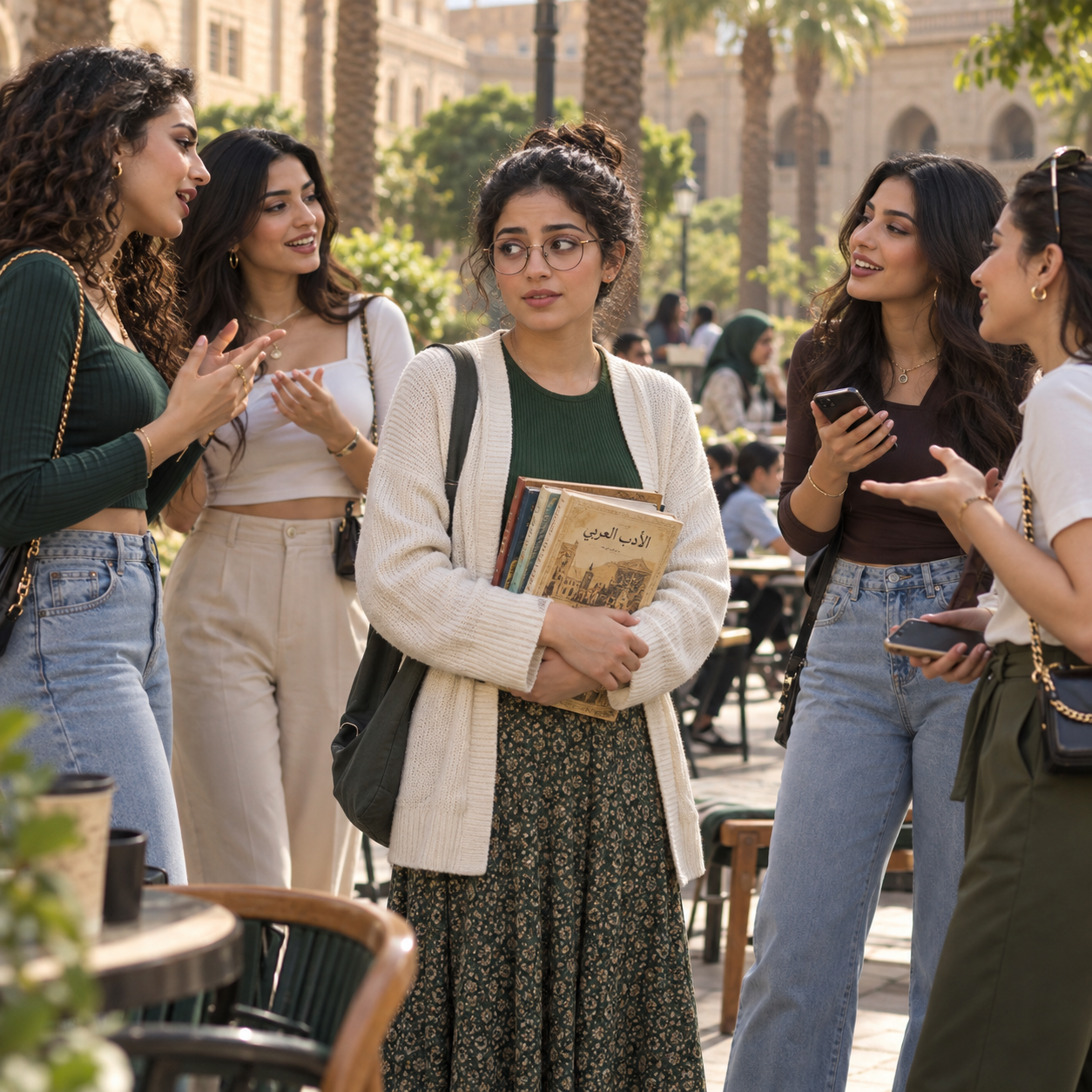A shy young woman with a bun, glasses and Arabic books standing among stylish women chatting together