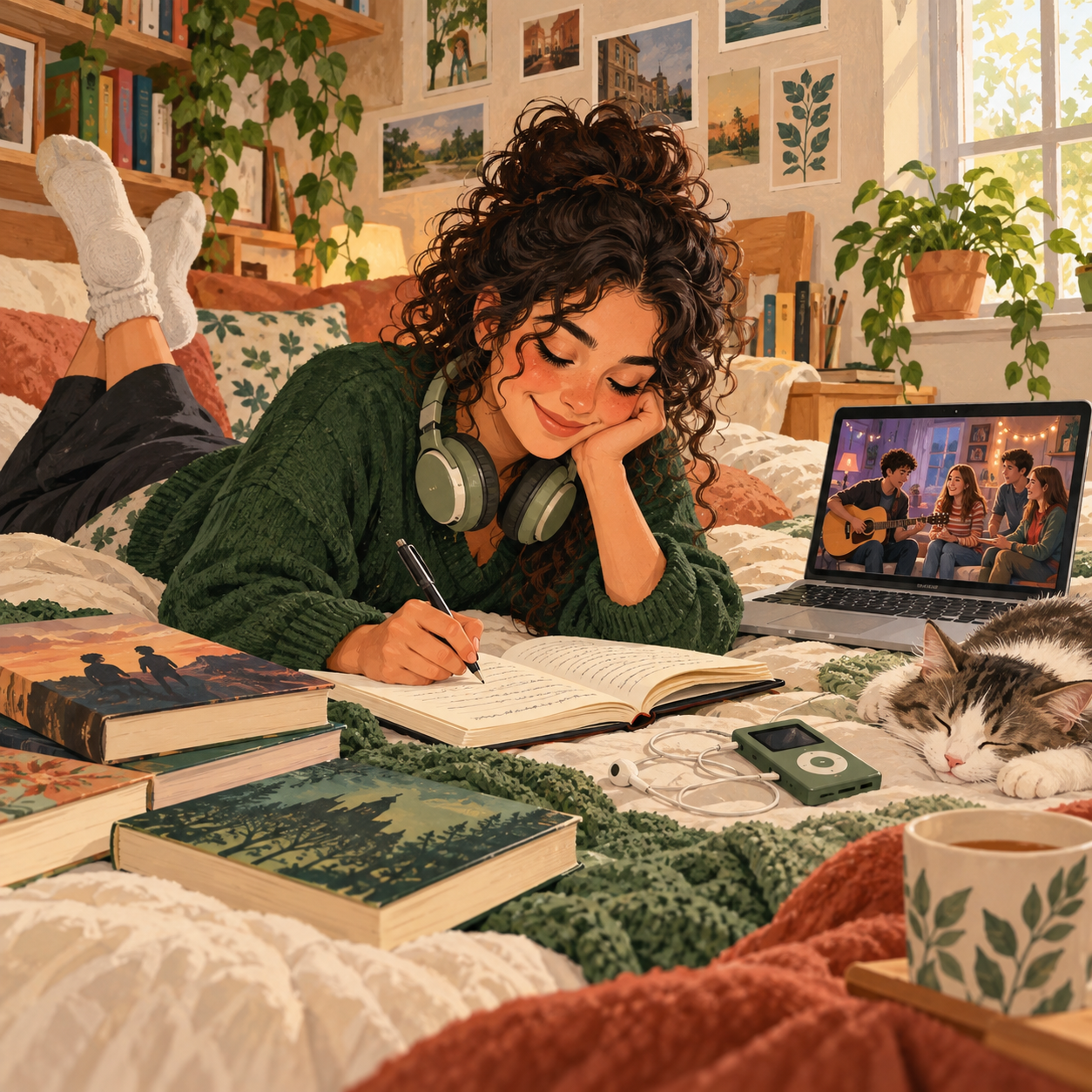 A young woman writing stories in her bedroom with novels, music and an English TV show nearby