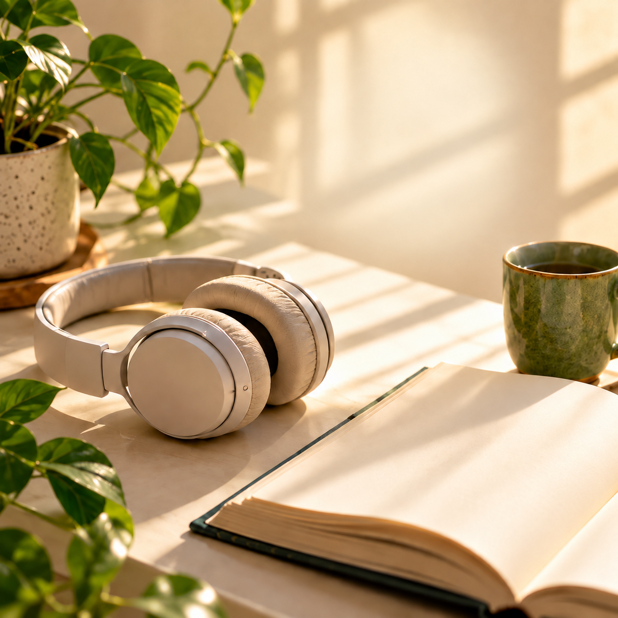 Headphones and an open book on a sunlit desk