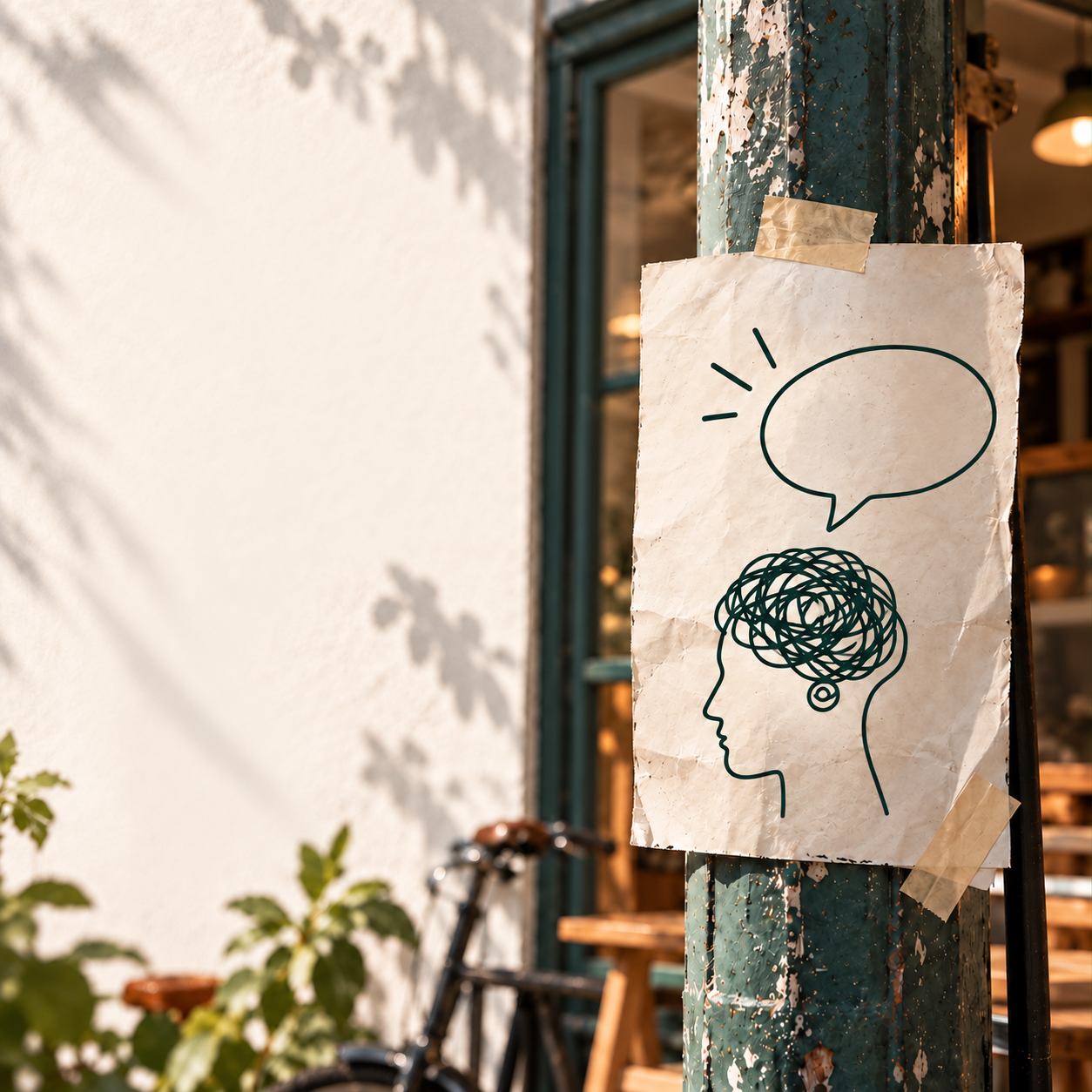 A quiet cafe scene with a thoughtful speech bubble