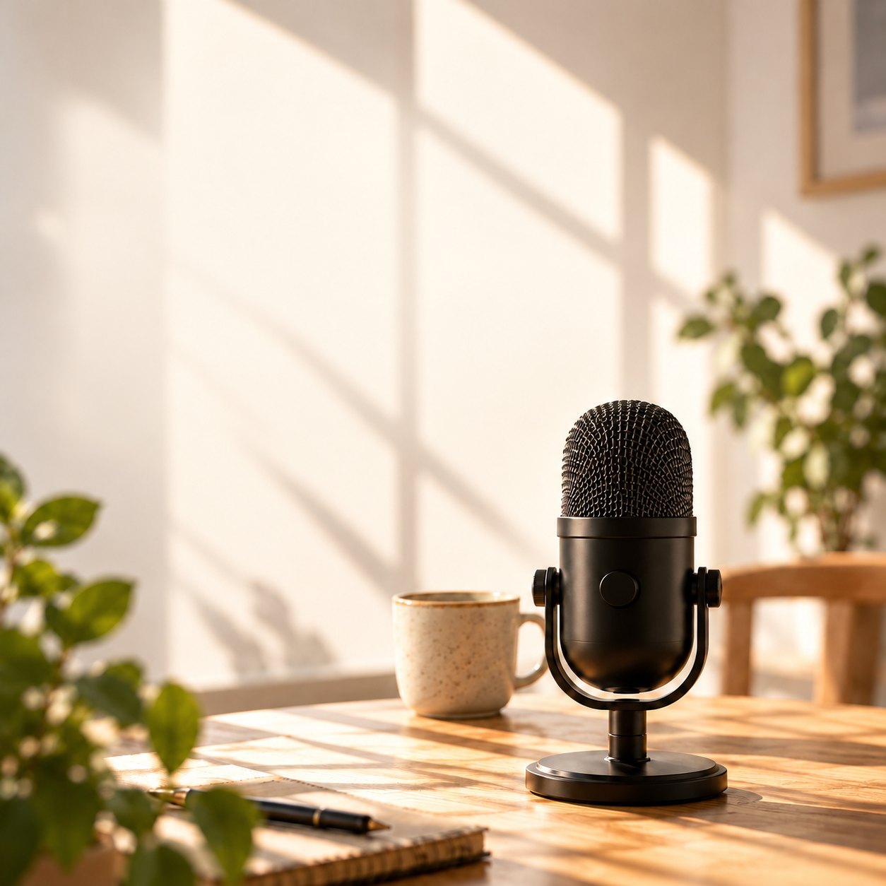 A microphone on a sunlit desk